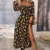 Floral Square Neck Long Sleeve High Split Maxi Dress 4