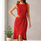 Round Neck Sleeveless Ruched Wrap Bodycon Midi Dress