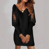 V-Neck Lace Trim Long Sleeve Mini Dress
