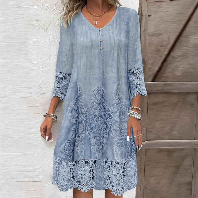 Lace Trim V-Neck Damask Shift Midi Dress 2