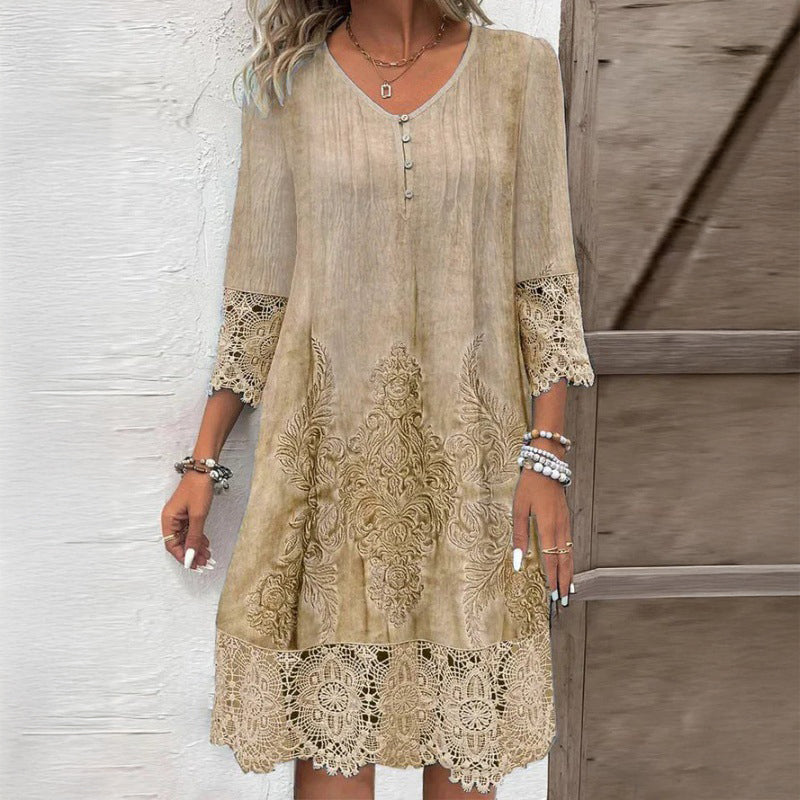 Lace Trim V-Neck Damask Shift Midi Dress