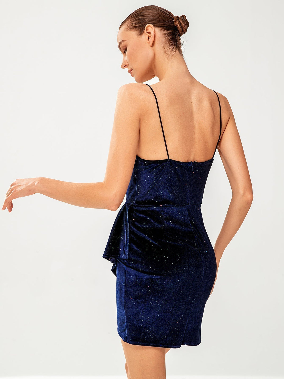 Glitter Velvet V-Neck Spaghetti Strap Wrap Ruched Mini Dress 10