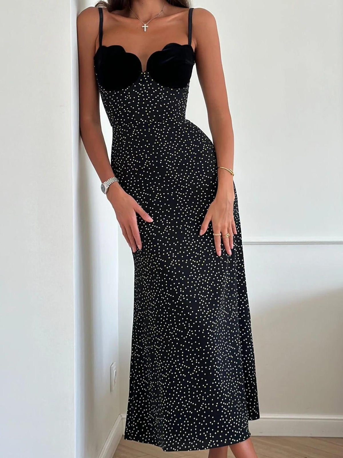 Polka Dot Velvet Scallop Cup Spaghetti Strap Midi Dress
