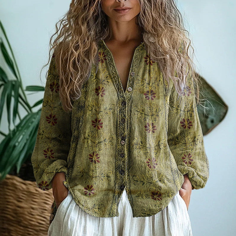 V-Neck Long Sleeve Floral Print Button Front Blouse