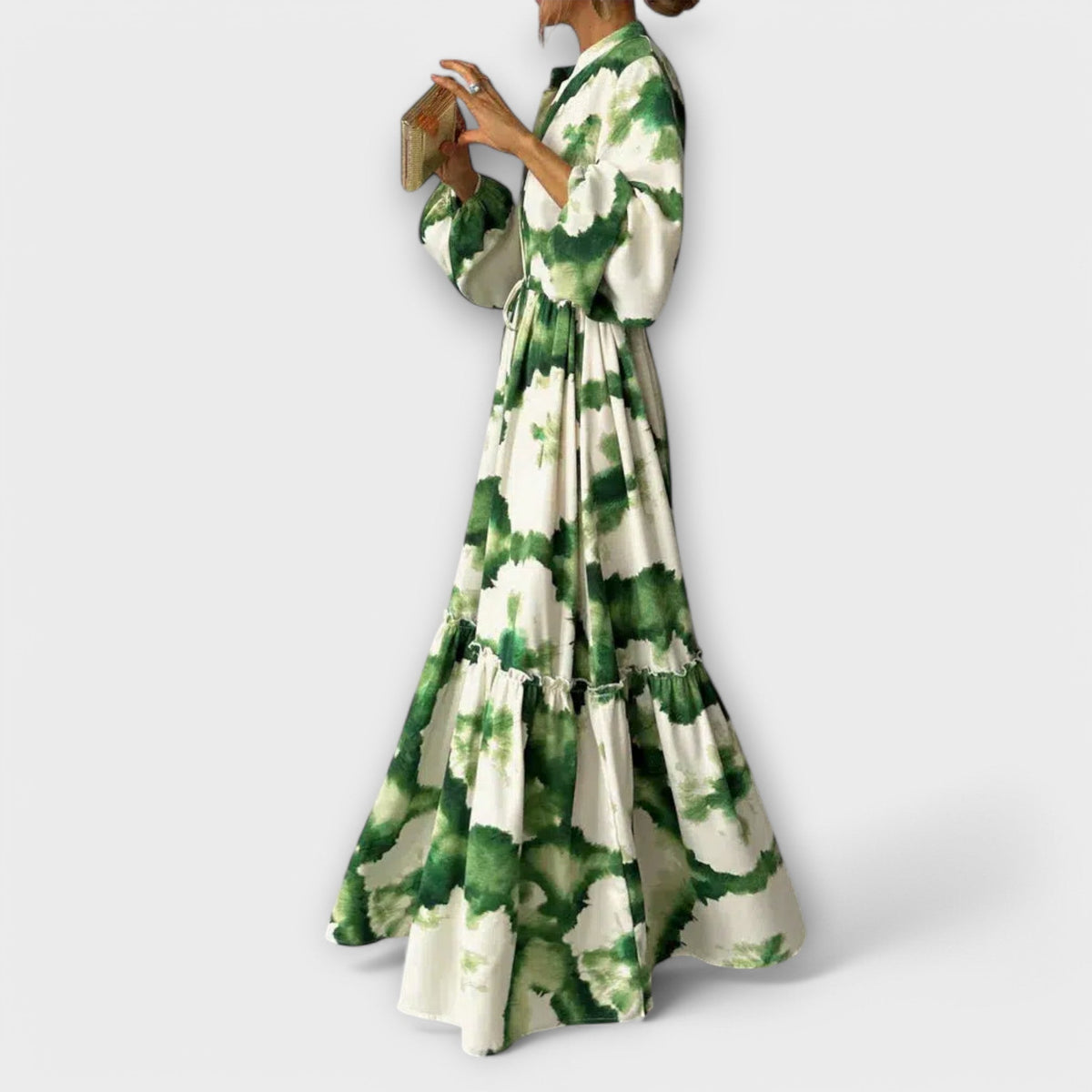 Watercolor Print Long Sleeve Tiered Ruffle Maxi Dress