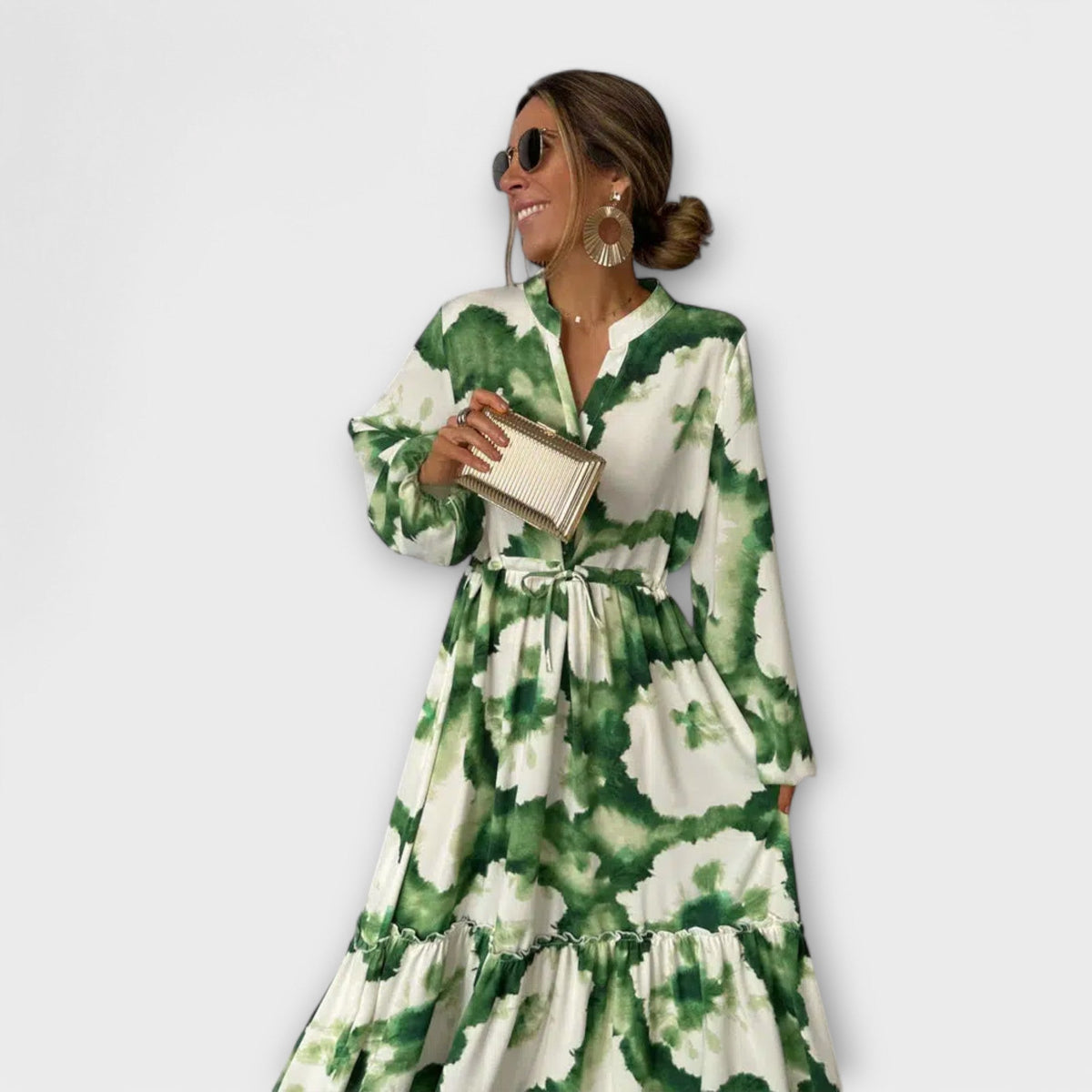 Watercolor Print Long Sleeve Tiered Ruffle Maxi Dress