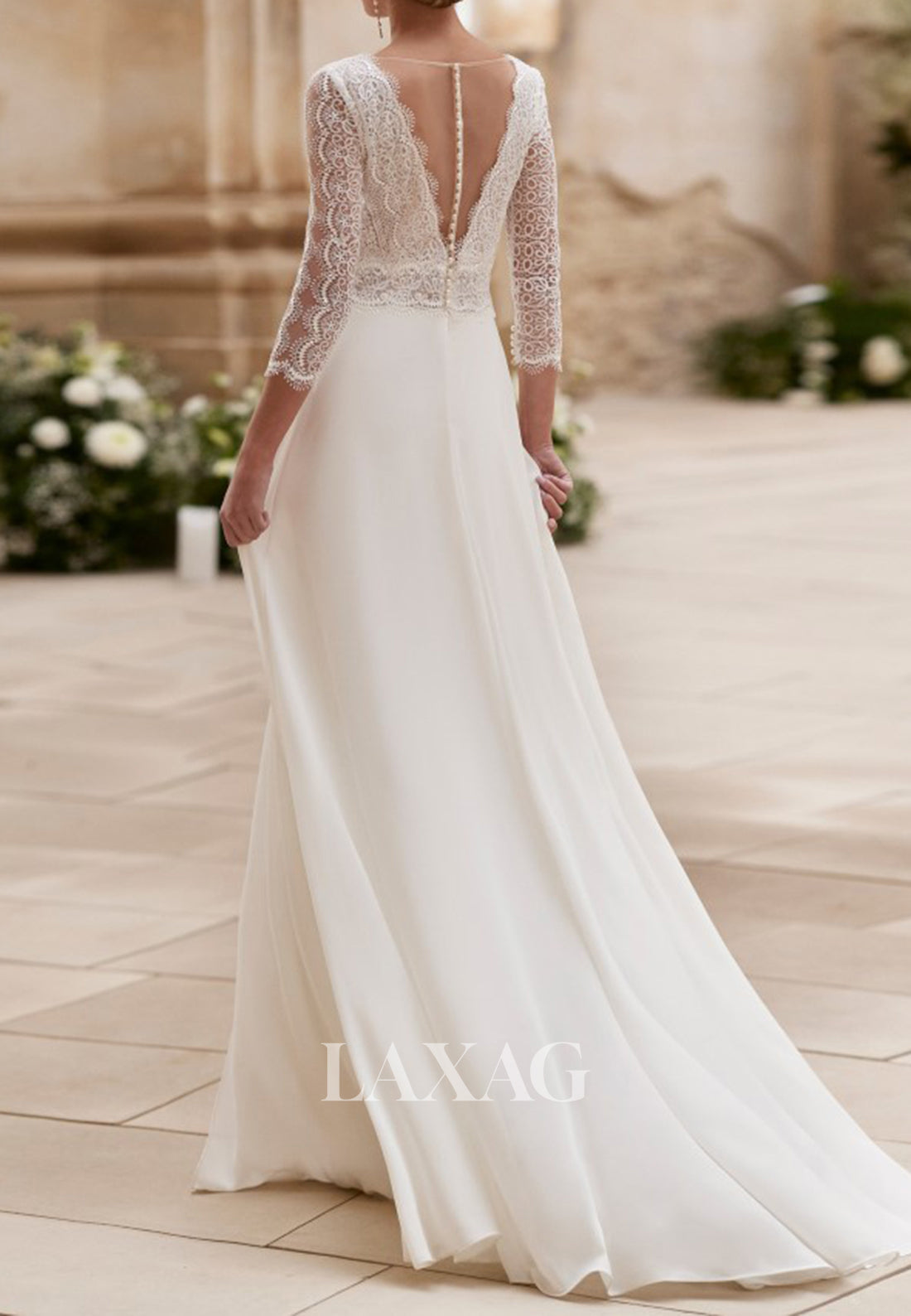 Deep-/ Sleeves Lace&Chiffon Pleated Sheer Jumpsuit Wedding Dress with Train