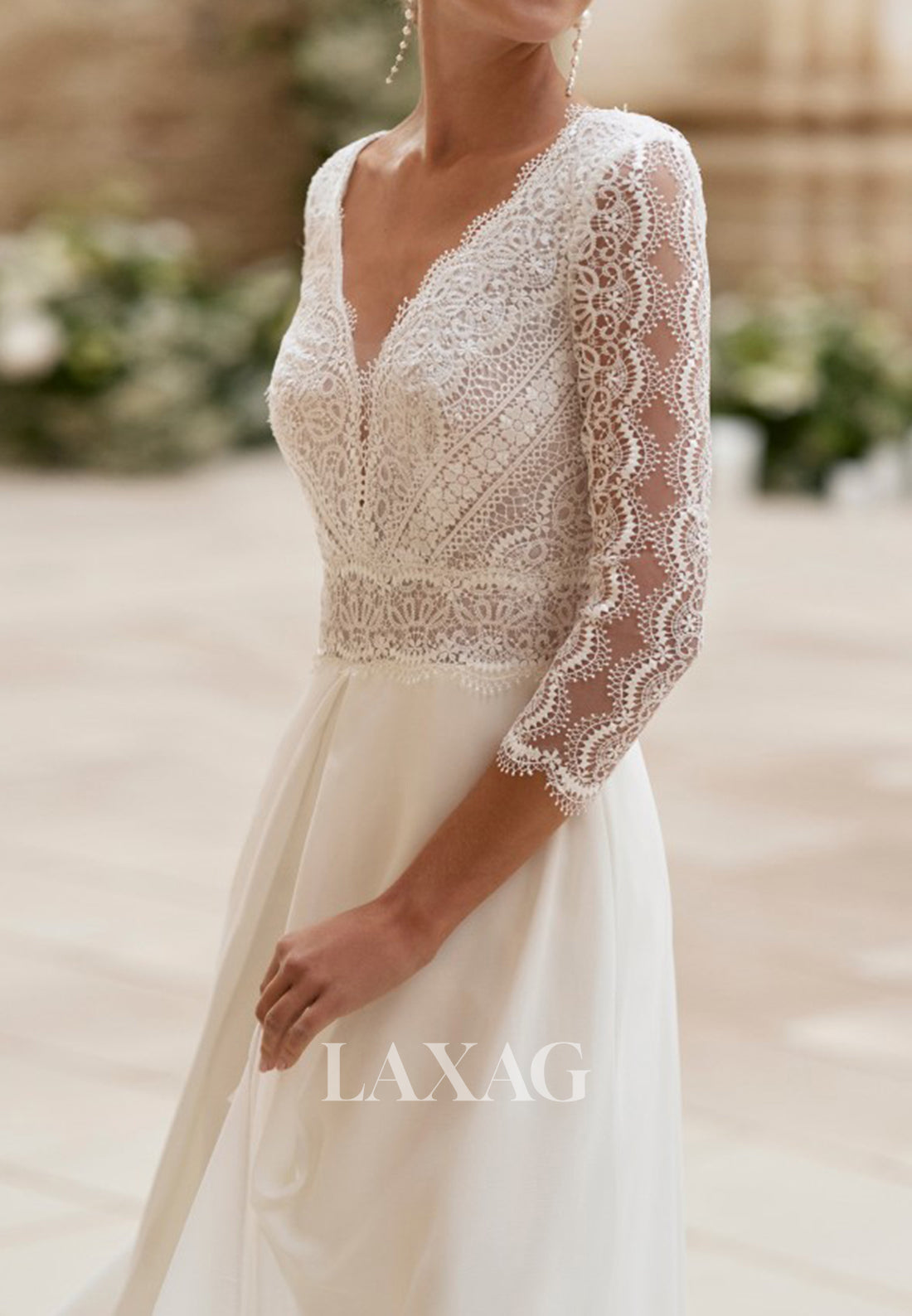 Deep-/ Sleeves Lace&Chiffon Pleated Sheer Jumpsuit Wedding Dress with Train