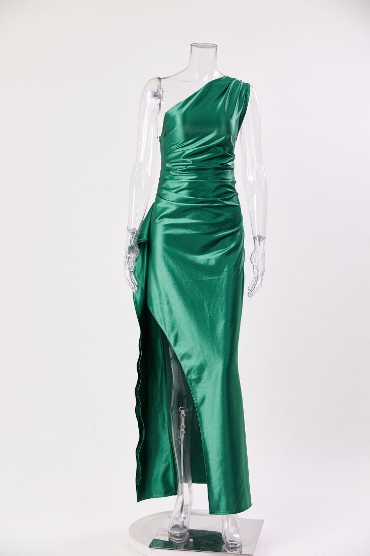 Aurora | Satin Slit Maxi Dress Emerald Green