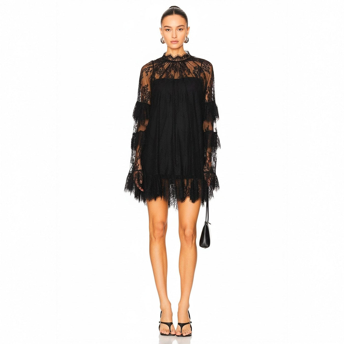 Lace High Neck Long Sleeve Tiered Ruffle Mini Dress 2