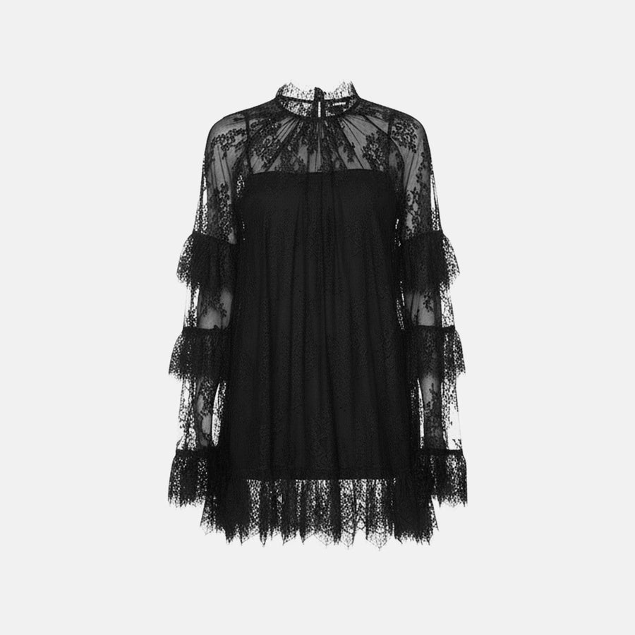 Lace High Neck Long Sleeve Tiered Ruffle Mini Dress