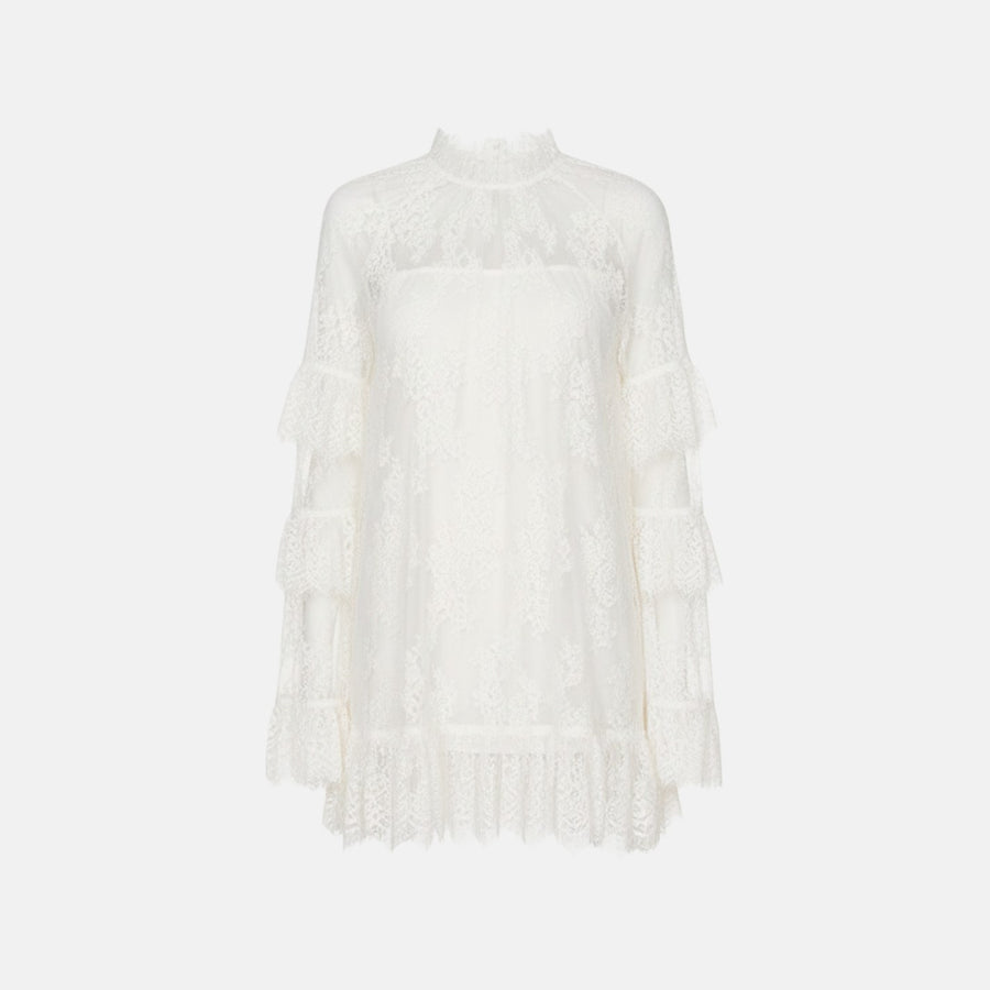 Lace High Neck Long Sleeve Tiered Ruffle Mini Dress 5