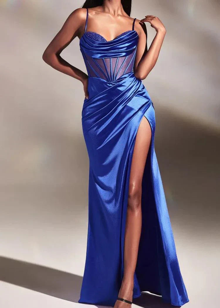 Moana | Satin Effect Draped Maxi Dress Dark Blue
