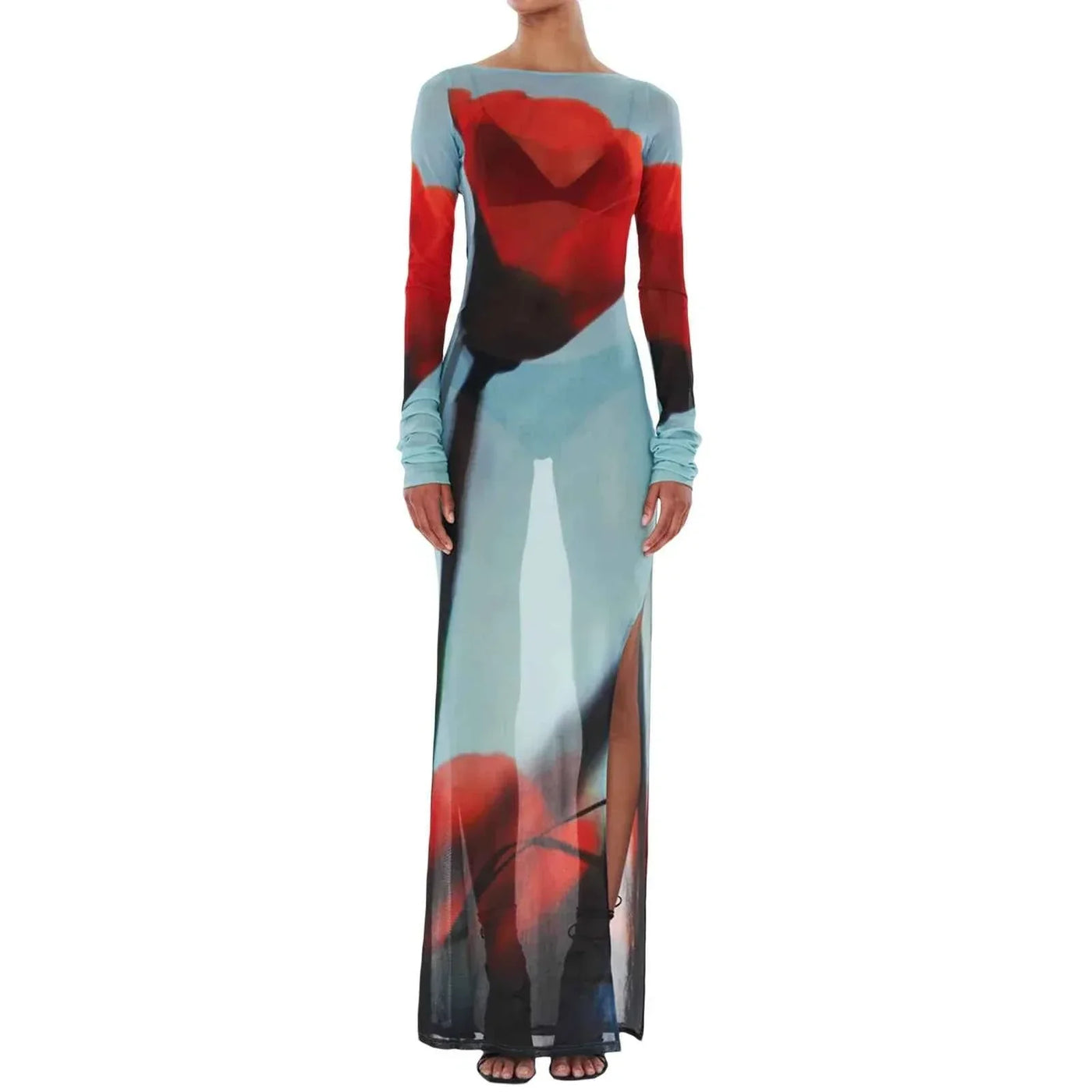 Floral Mesh Long Sleeve High Split Bodycon Maxi Dress
