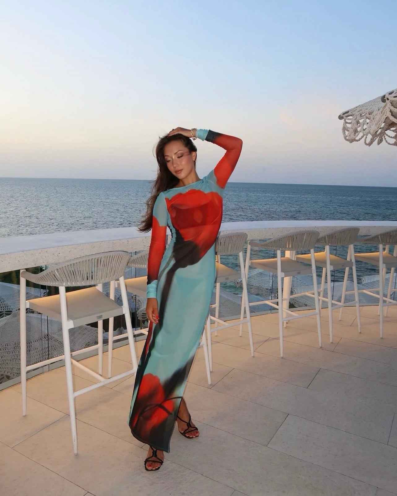 Floral Mesh Long Sleeve High Split Bodycon Maxi Dress 4