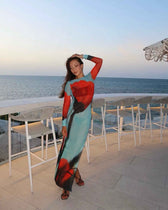 Floral Mesh Long Sleeve High Split Bodycon Maxi Dress 4