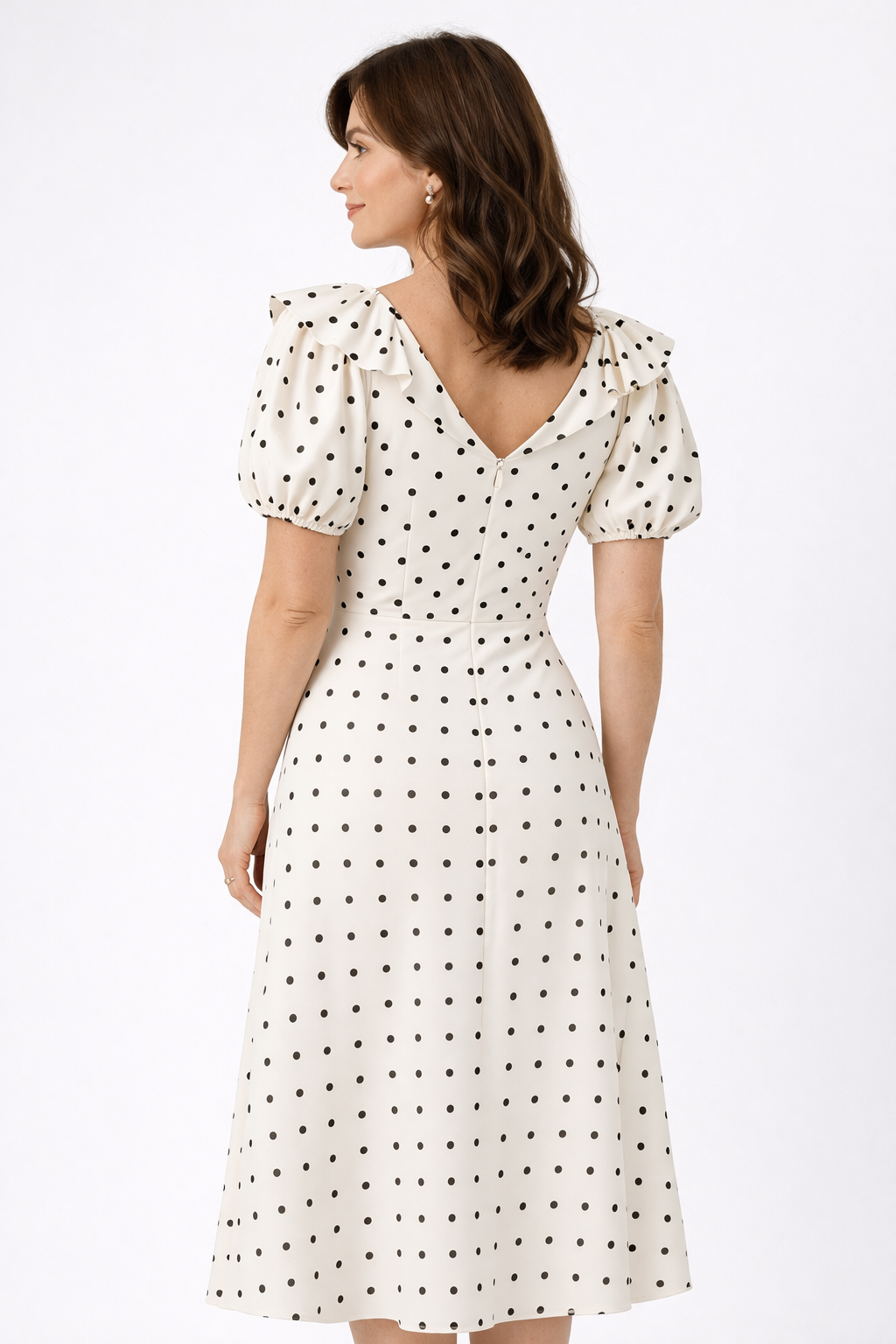 Polka Dot Tie Front Puff Sleeve Fit and Flare Midi Dress