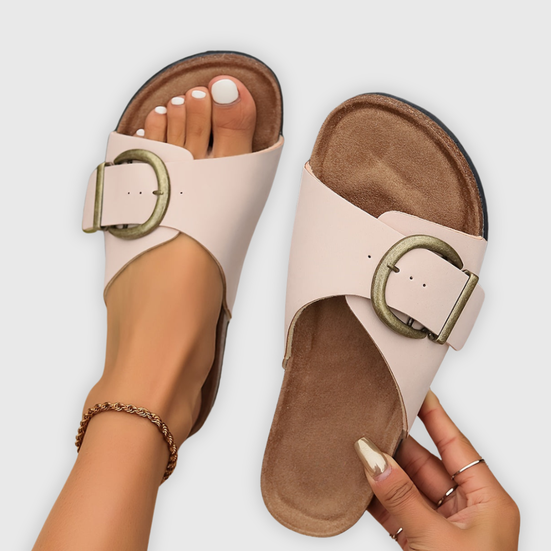 Double Buckle Cork Footbed Slide Sandals