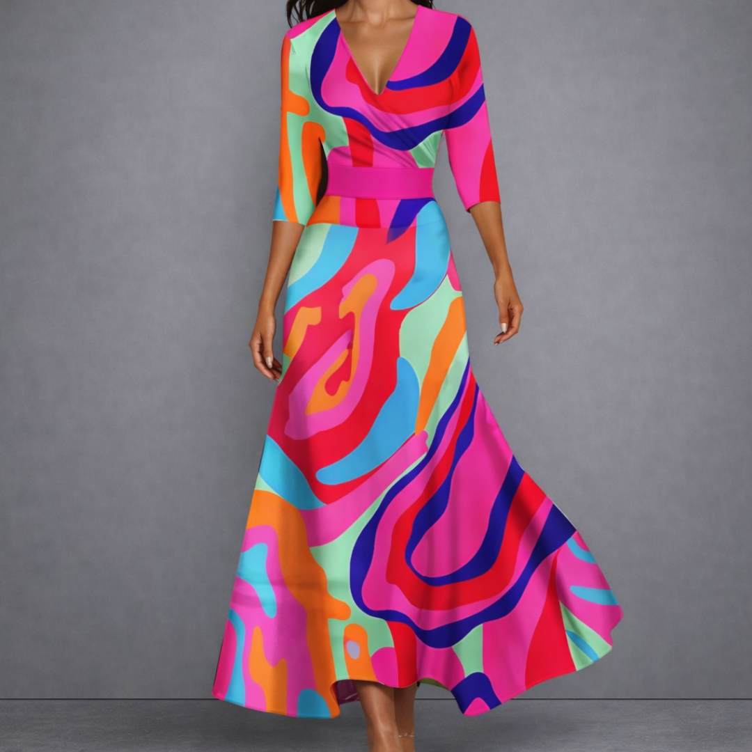 Floral Print V-Neck Wrap Long Sleeve A-Line Maxi Dress