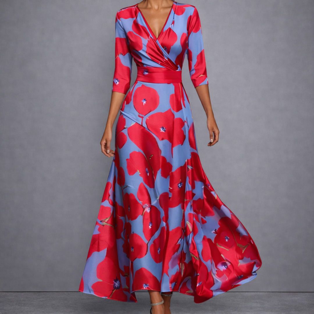 Floral Print V-Neck Belted Waist Fit and Flare Maxi Dress