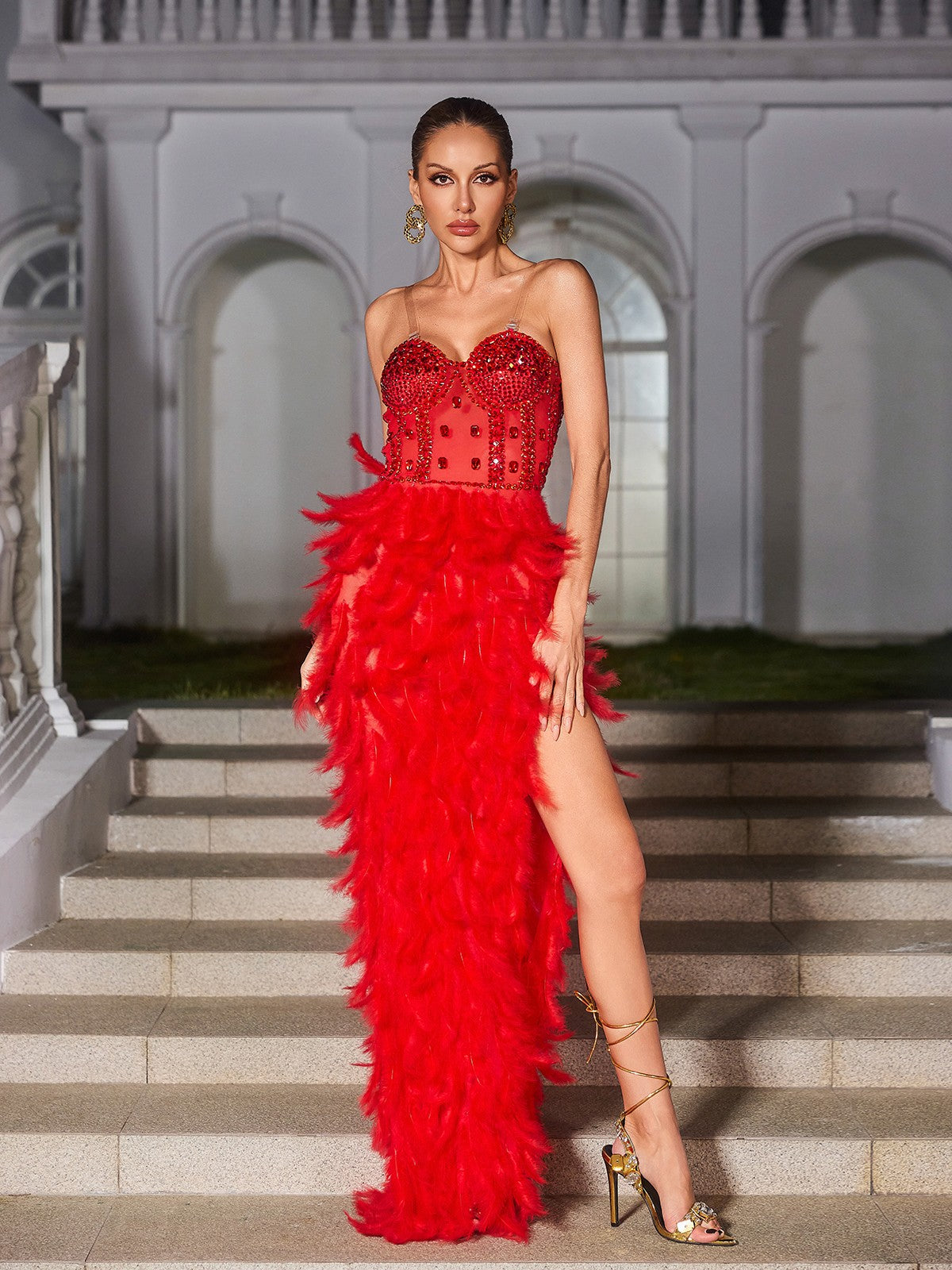 Sweetheart Sequin Corset Bodice Feather Skirt High Split Maxi Dress