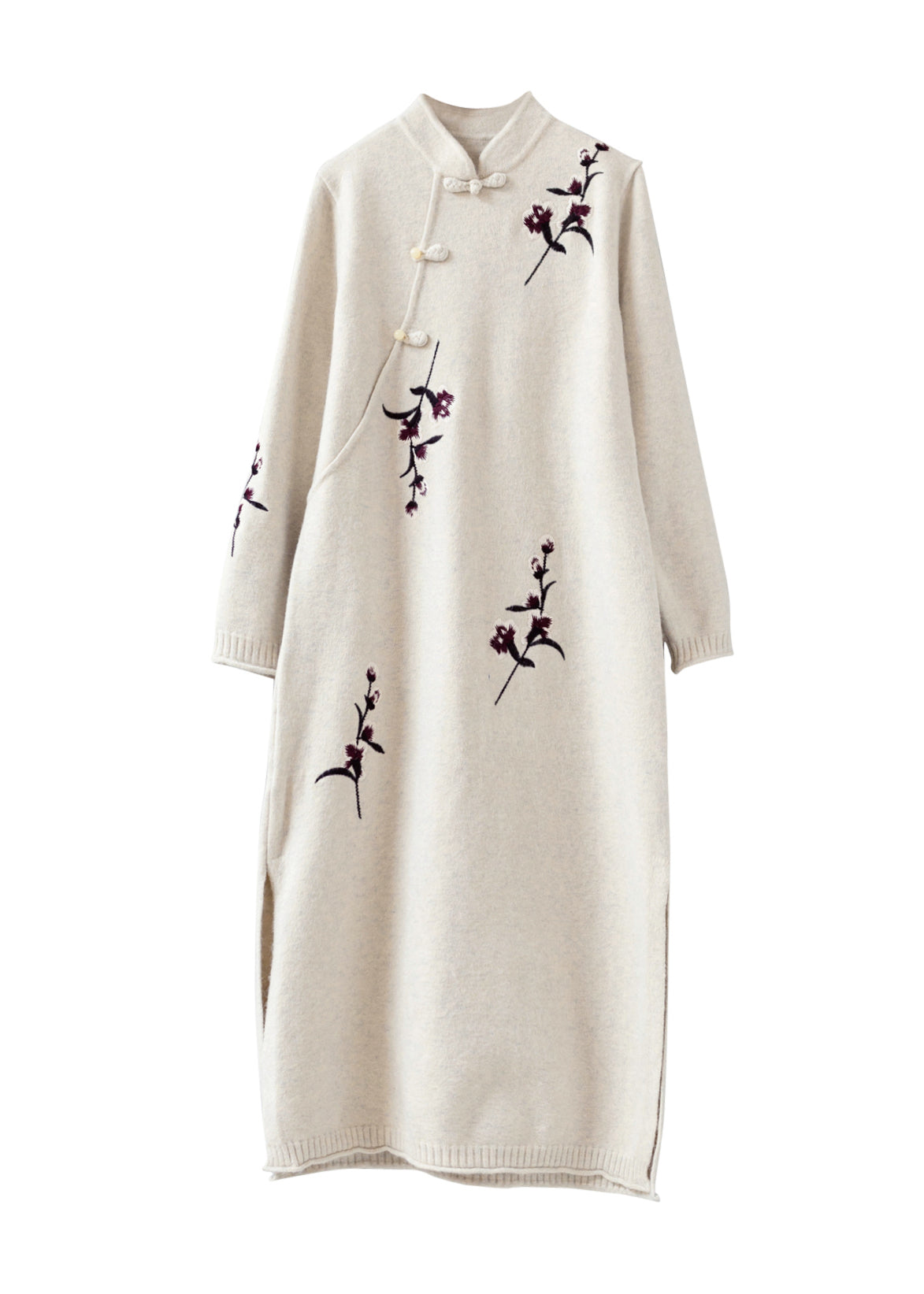 Vintage Apricot Stand Collar Embroideried Patchwork Woolen Knit Dress Fall