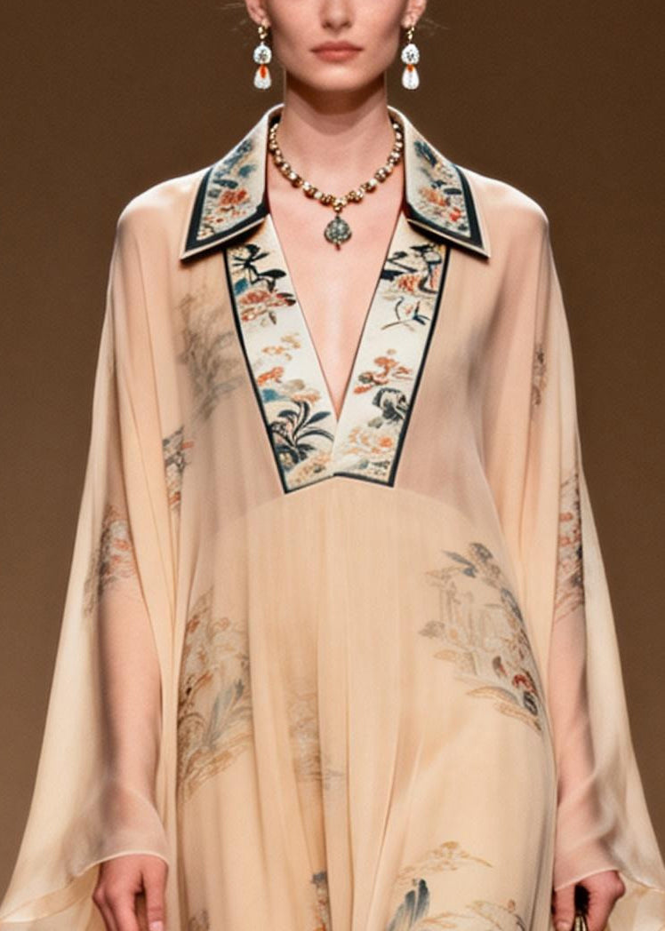 Vintage Apricot V Neck Print Chiffon Maxi Dress Summer 2