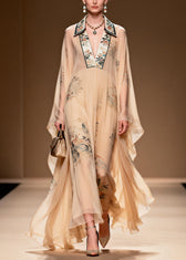 Vintage Apricot V Neck Print Chiffon Maxi Dress Summer 3