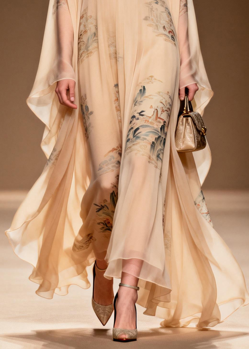 Vintage Apricot V Neck Print Chiffon Maxi Dress Summer 4