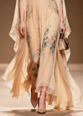 Vintage Apricot V Neck Print Chiffon Maxi Dress Summer 4