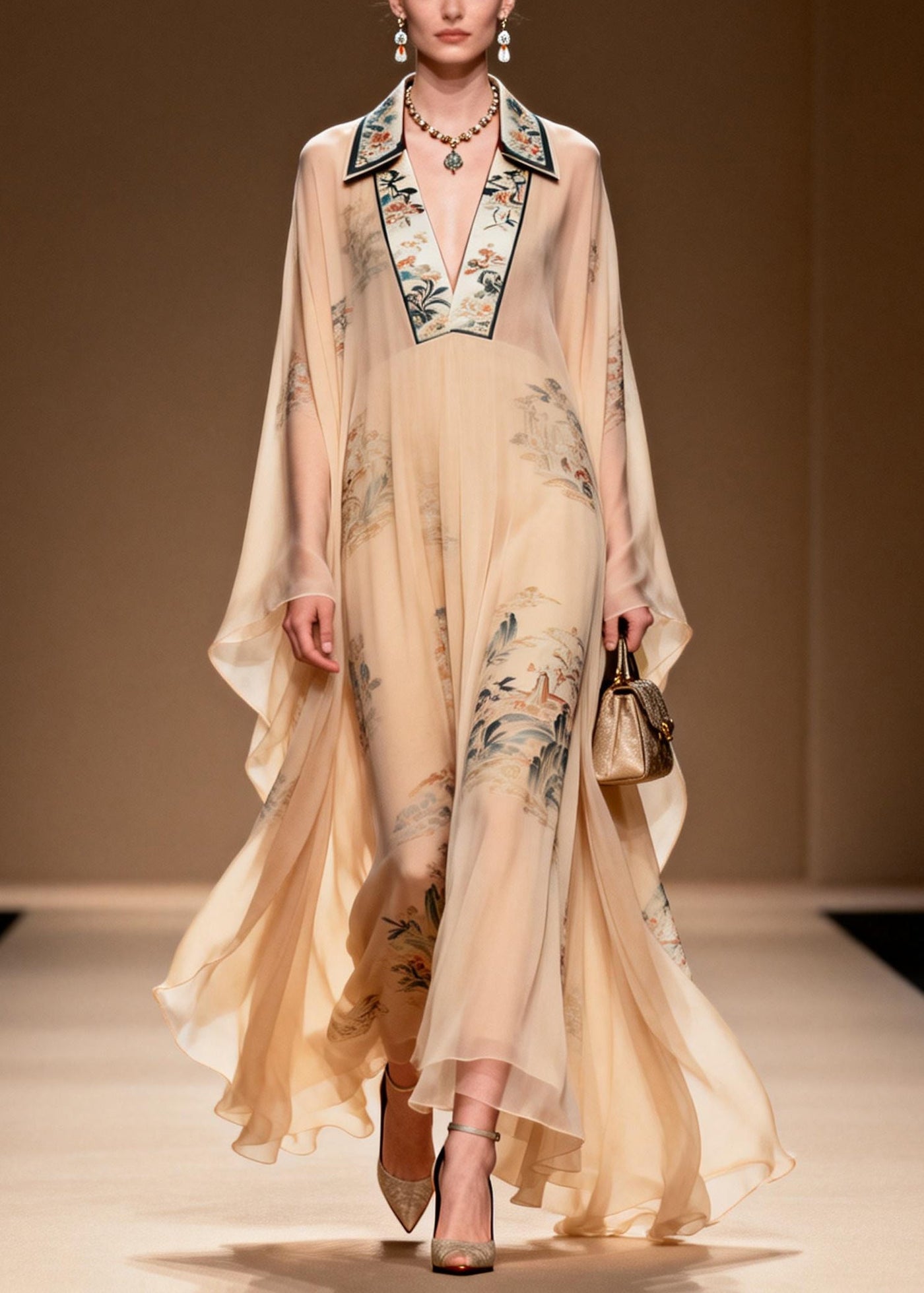 Vintage Apricot V Neck Print Chiffon Maxi Dress Summer 5