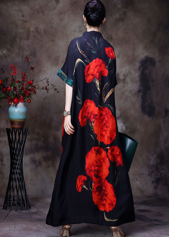 Floral Print Mandarin Collar Asymmetrical Wrap Short Sleeve Maxi Dress