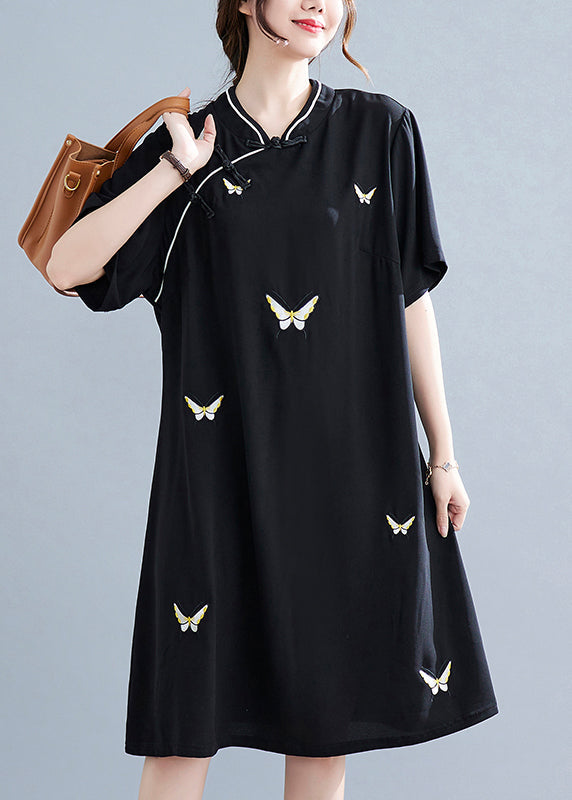 Vintage Black Stand Collar Button Butterfly Embroidered Cheongsam Dresses Short Sleeve