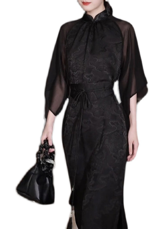 Jacquard Mandarin Collar Sheer Cape Sleeve Tie Waist Maxi Dress