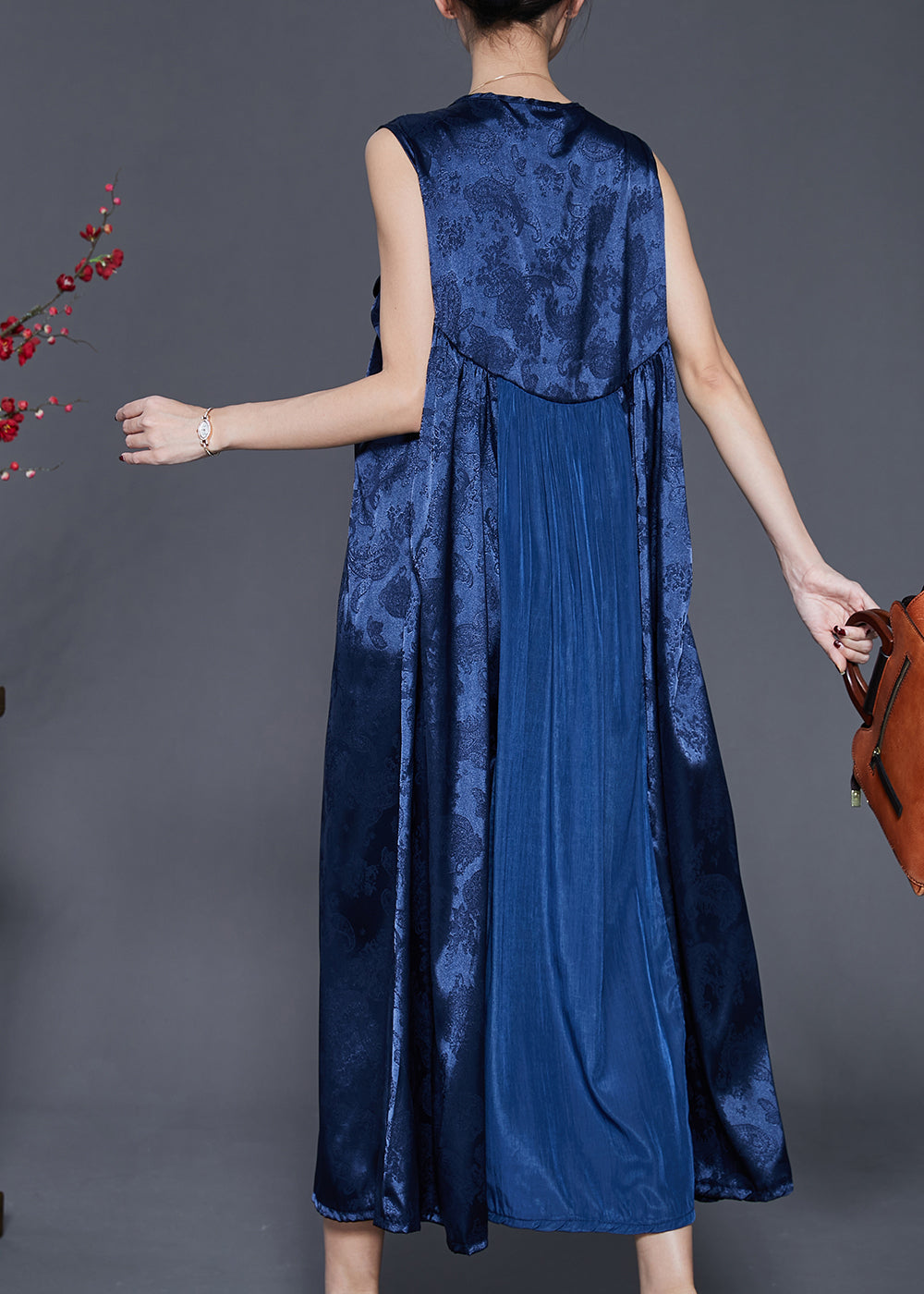Embroidered Jacquard Frog Button Round Neck Sleeveless A-Line Maxi Dress