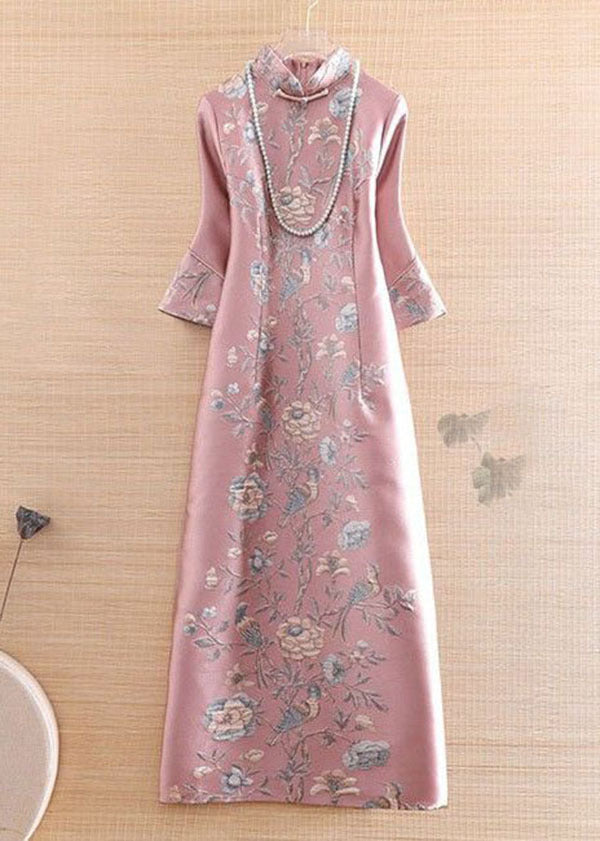 Mandarin Collar Bell Sleeve Floral Bird Print Side Slit Cheongsam Maxi Gown