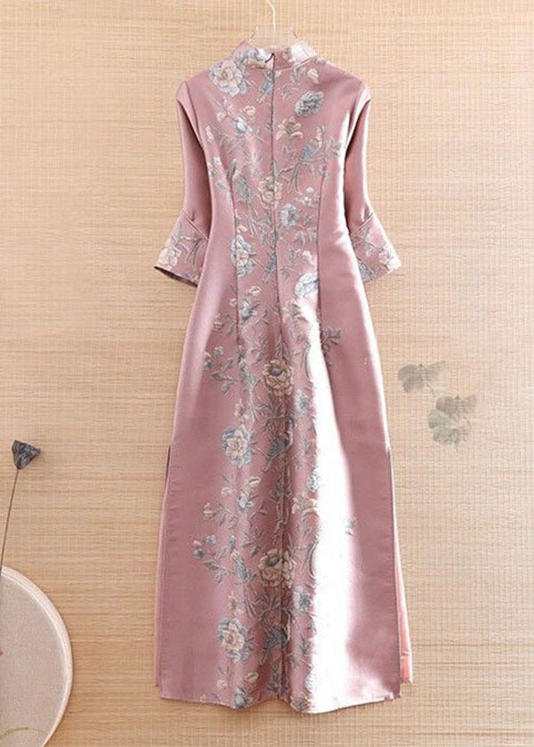 Mandarin Collar Bell Sleeve Floral Bird Print Side Slit Cheongsam Maxi Gown