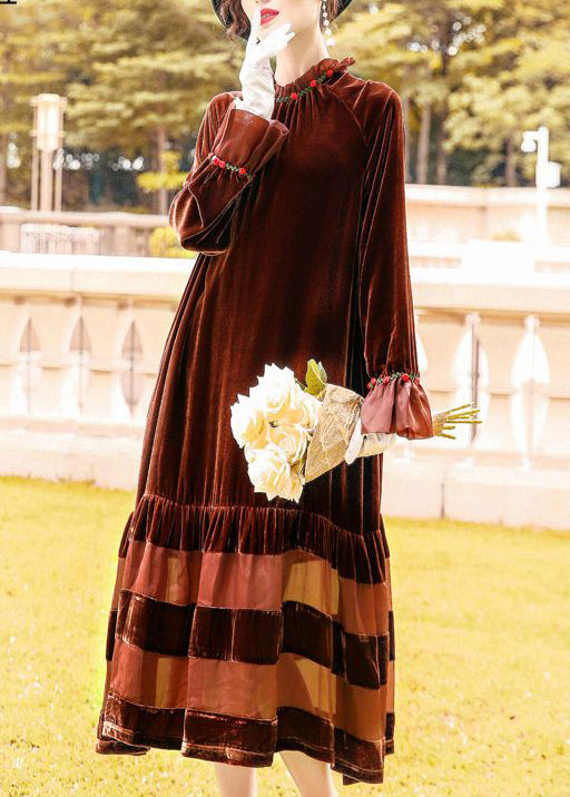 Velvet Ruffle Collar Floral Embroidery Cuff Tiered Sheer Panel Midi Dress