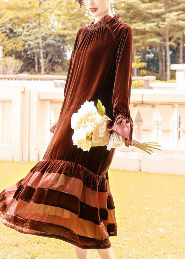 Velvet Ruffle Collar Floral Embroidery Cuff Tiered Sheer Panel Midi Dress