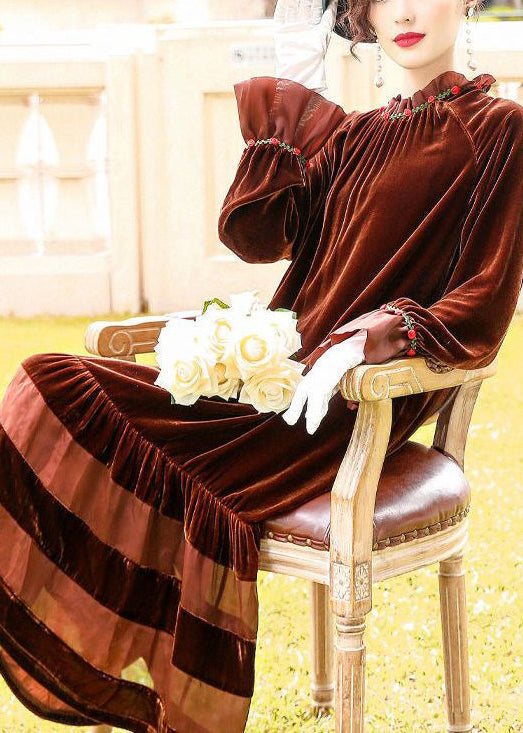 Velvet Ruffle Collar Floral Embroidery Cuff Tiered Sheer Panel Midi Dress