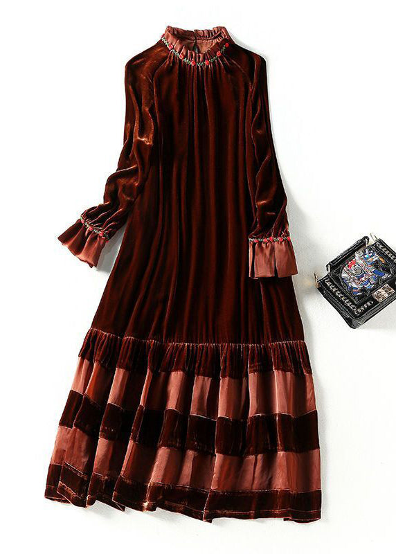 Velvet Ruffle Collar Floral Embroidery Cuff Tiered Sheer Panel Midi Dress