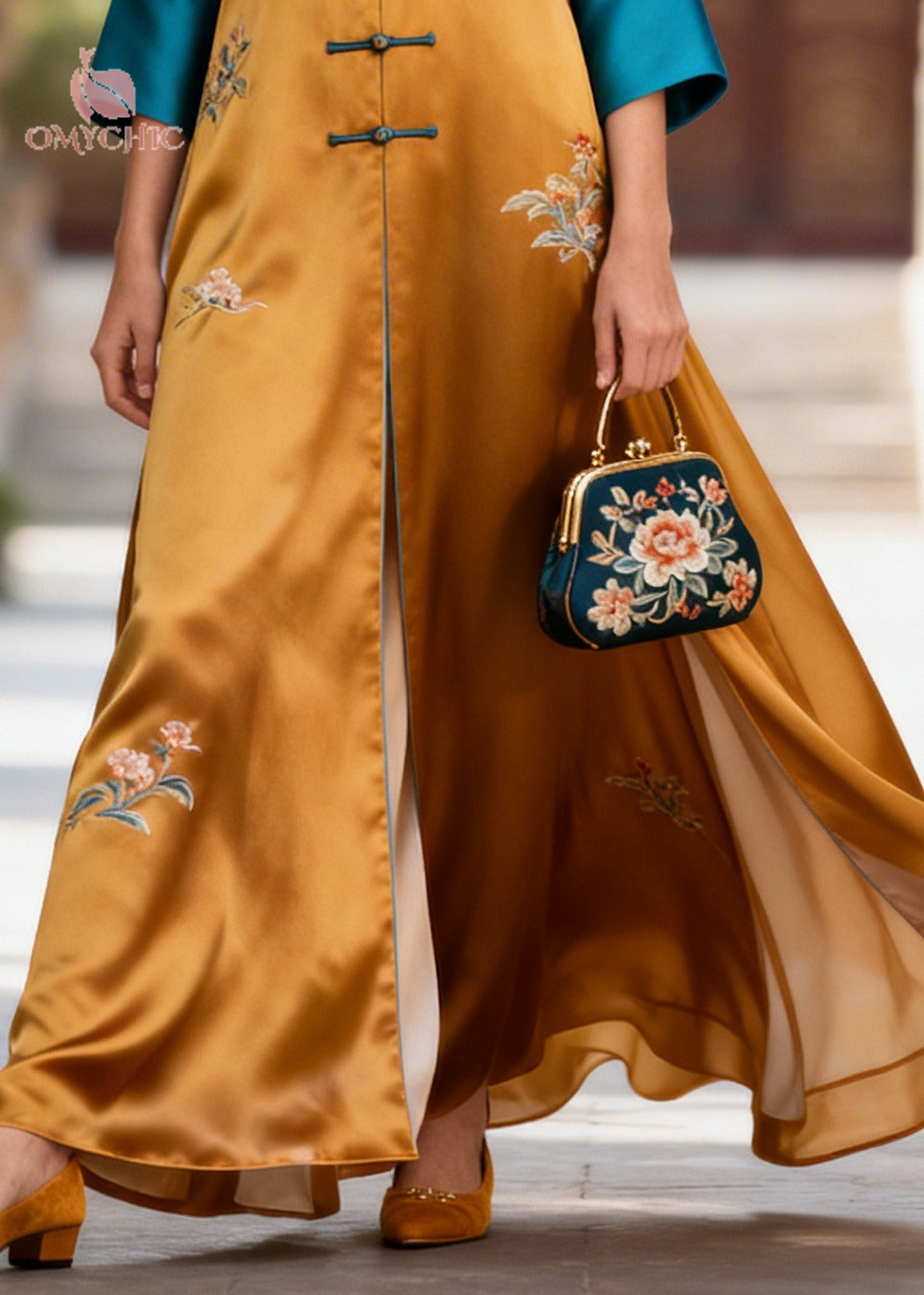 Floral Embroidery Frog Button V-Neck Ruched Sleeve High Split Maxi Gown