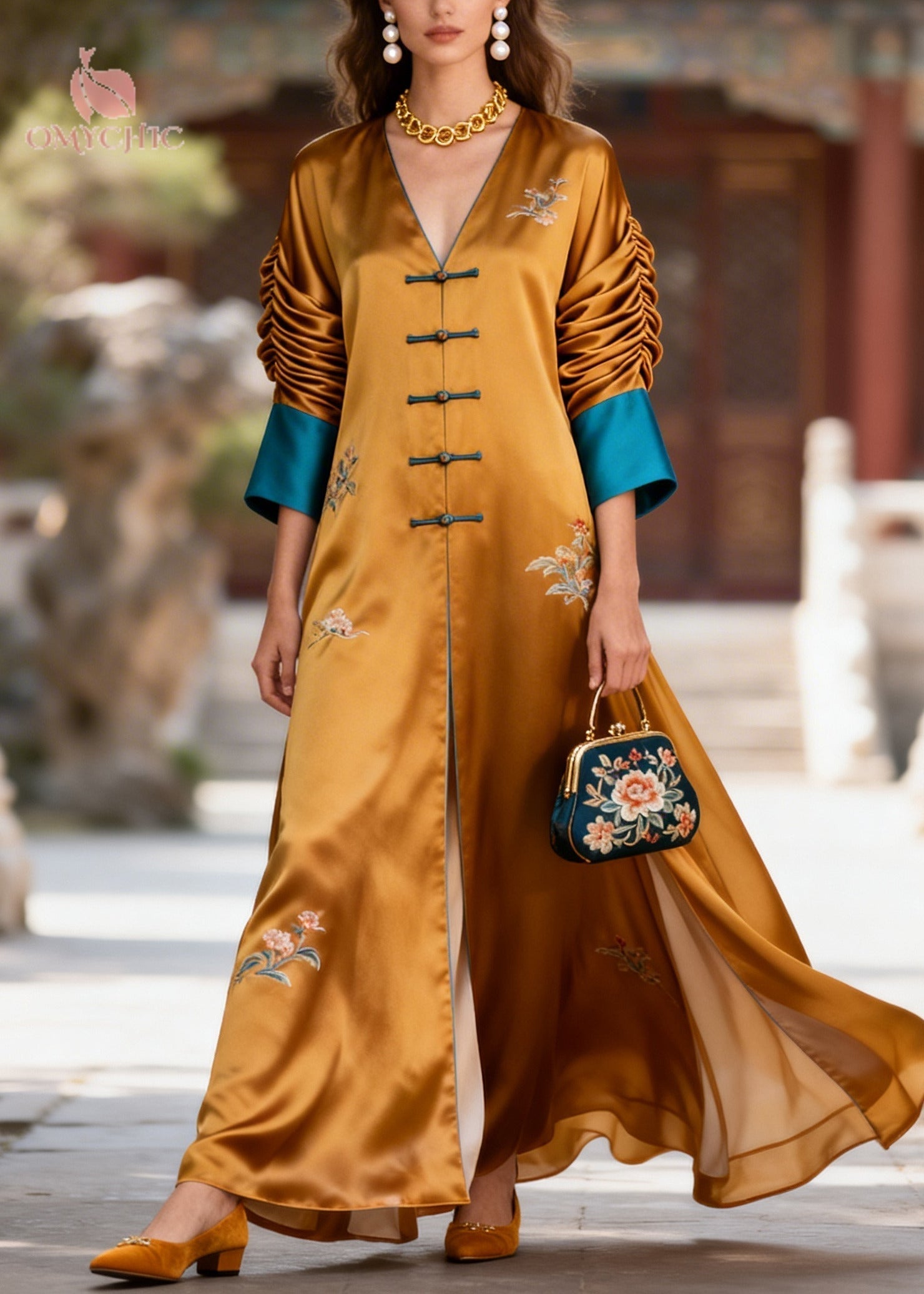Floral Embroidery Frog Button V-Neck Ruched Sleeve High Split Maxi Gown