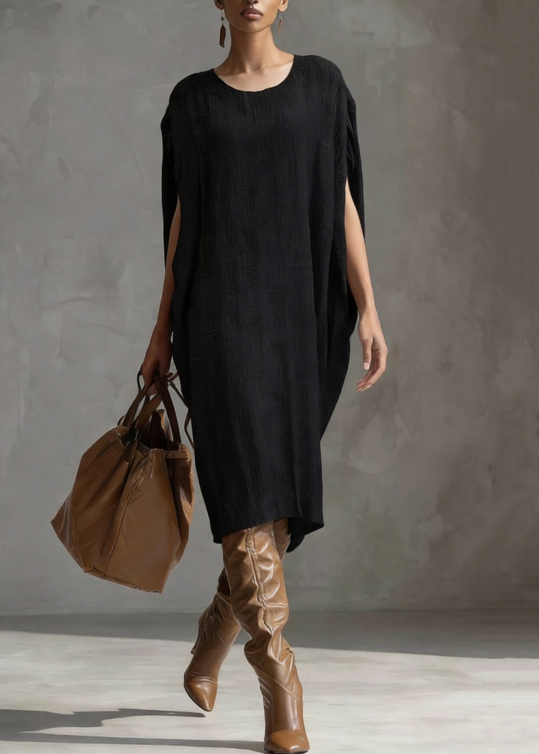 Textured Knit Scoop Neck Batwing Sleeve Oversized Cocoon Midi Dress