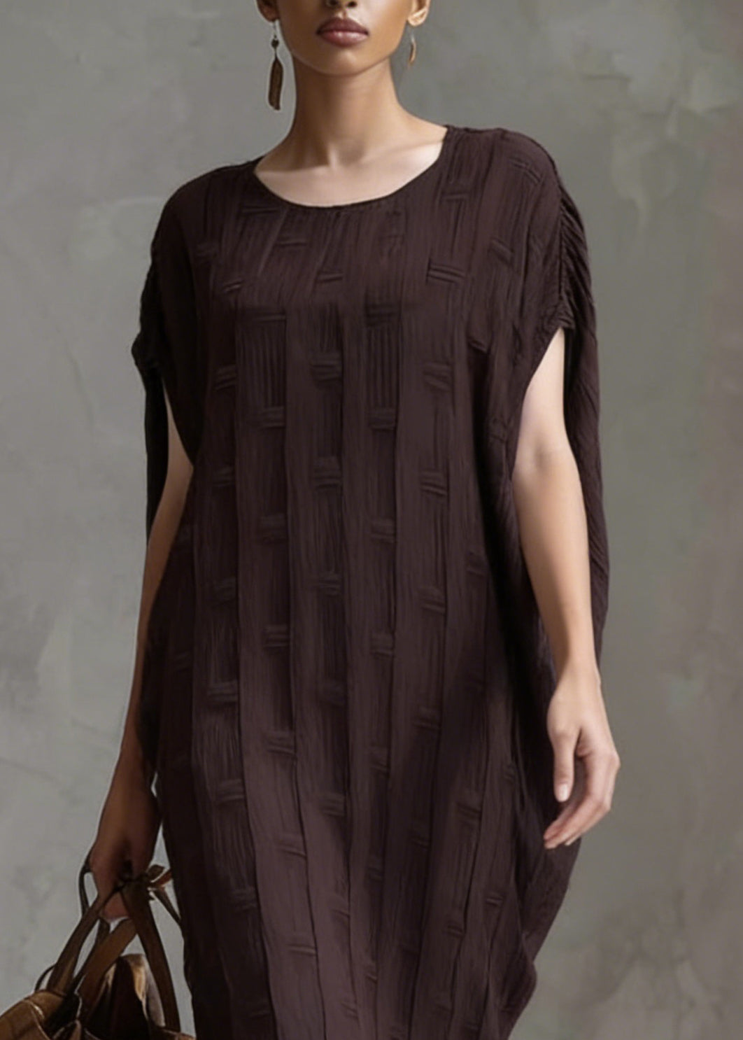 Textured Knit Scoop Neck Batwing Sleeve Oversized Cocoon Midi Dress