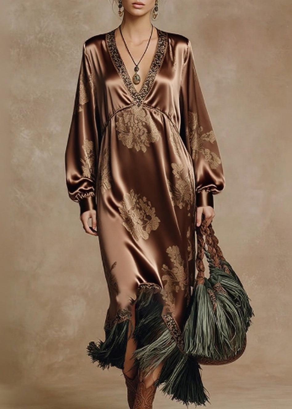Floral Jacquard Deep V-Neck Bishop Sleeve Tassel Fringe Hem Maxi Gown