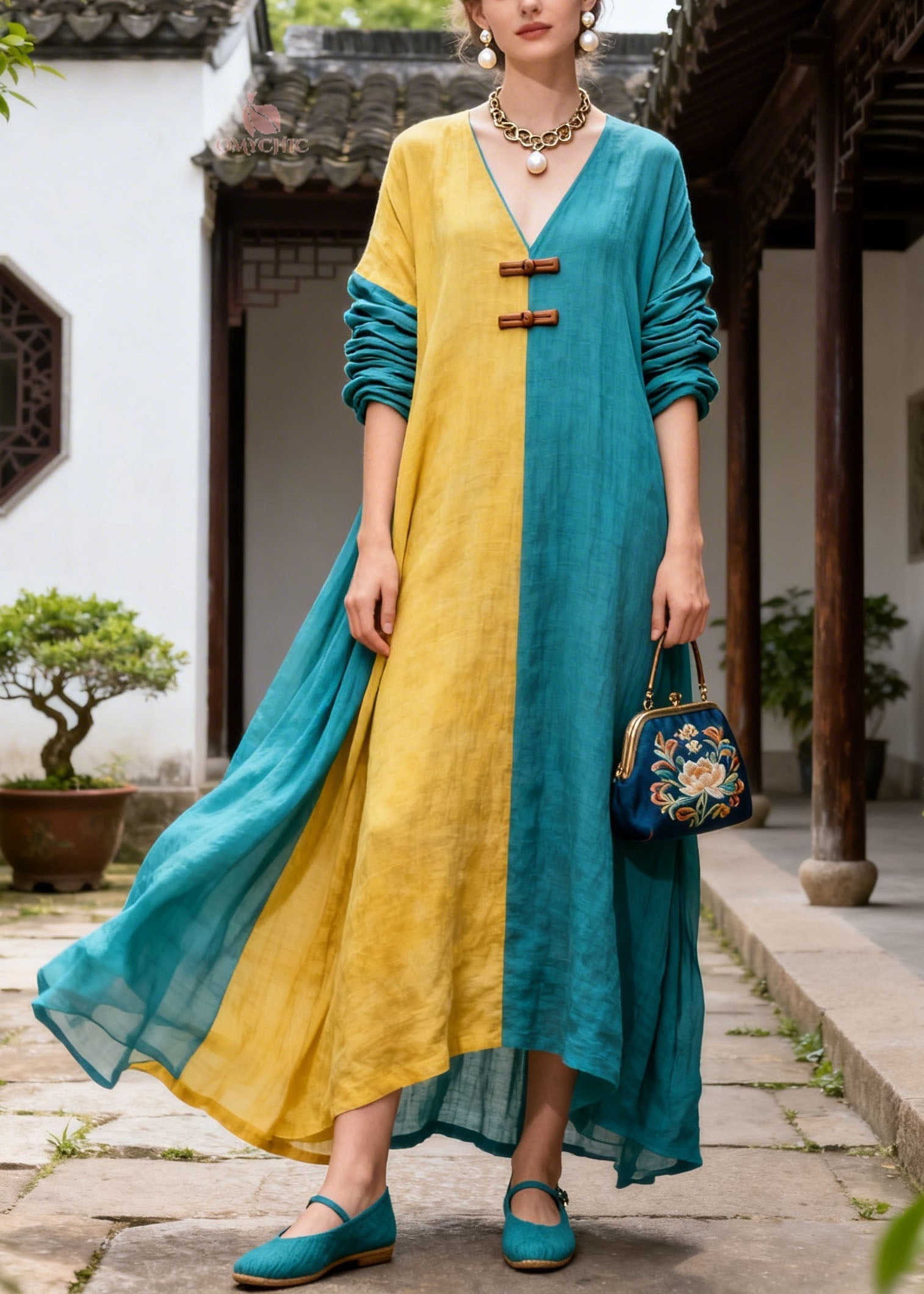 Vintage Colorblock V Neck Patchwork Cotton Dress Summer