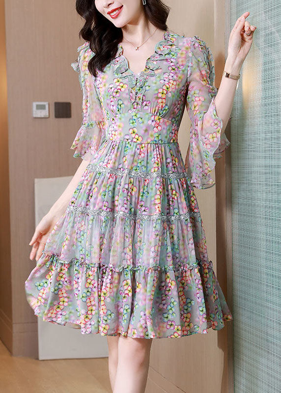 Floral Print Deep V-Neck Ruffle Trim Bell Sleeve Lace Tiered Mini Dress