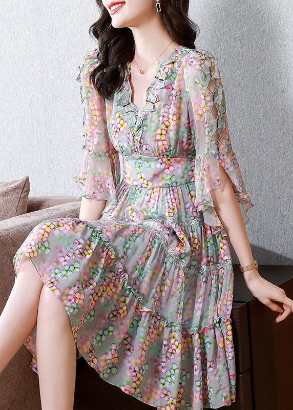 Floral Print Deep V-Neck Ruffle Trim Bell Sleeve Lace Tiered Mini Dress