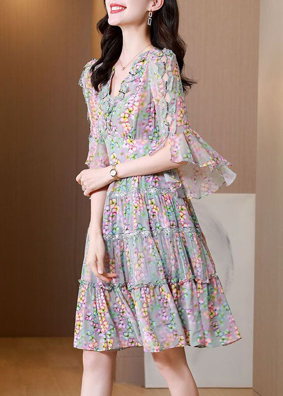 Floral Print Deep V-Neck Ruffle Trim Bell Sleeve Lace Tiered Mini Dress